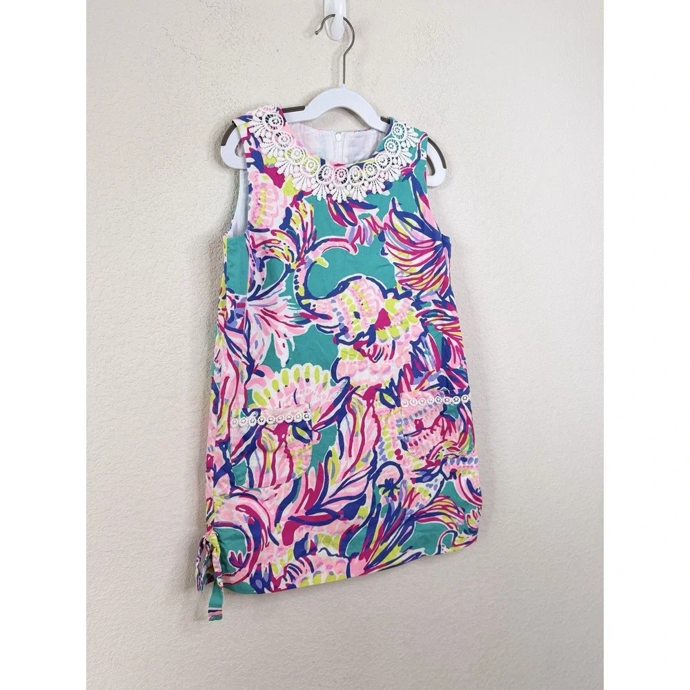 Lilly Pulitzer Girls Dress Size 8 Tropical Floral Shift Dress Lace Trim Pockets‎